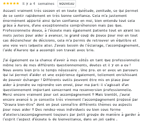 Témoignage de cliente satisfaite après un accompagnement en transformation professionnelle.