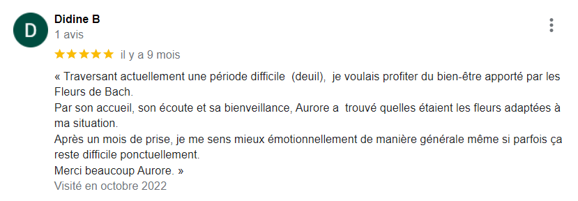 Témoignage de cliente satisfaite après un accompagnement en Fleurs de Bach dans sa transition de vie.