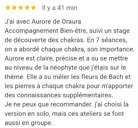 Témoignage d'une cliente ayant suivi un accompagnement autour des chakras, de l'énergétique et s'est procuré des pierres de lithothérapie chez Mandalas.