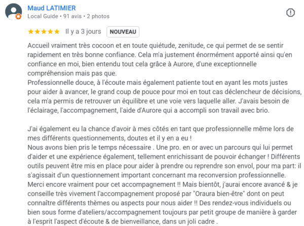 Témoignage d'une cliente sur l'accompagnement en reconversion professionnelle dans le bien-être à Tours