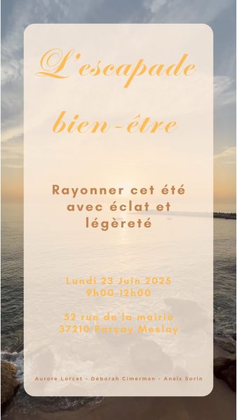 Affiche de l’escapade bien-être du 23 juin avec conseils en naturopathie, massage, réflexologie et accompagnement énergétique pour se ressourcer en été