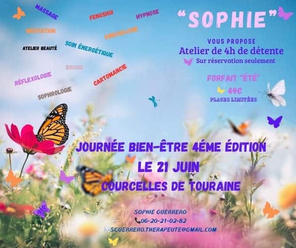 Affiche de la journée bien-être du 21 juin pour célébrer le solstice d'été avec ateliers Fleurs de Bach et soins holistiques
