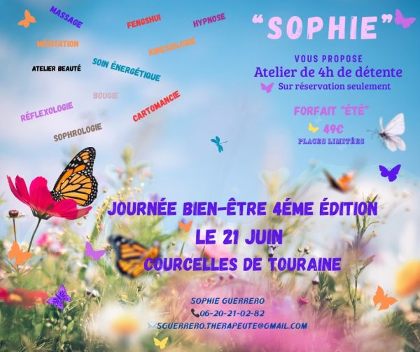 Affiche de la journée bien-être du 21 juin pour célébrer le solstice d'été avec ateliers Fleurs de Bach et soins holistiques