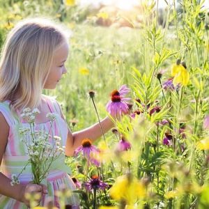 Petite fille entourée de fleurs, symbolisant l’accompagnement doux avec les Fleurs de Bach pour gérer émotions et sommeil