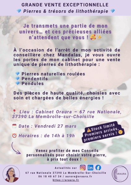 Vente exceptionnelle de pierres de lithothérapie, pendentifs et pendules mandalas le 27 mars au cabinet Oraura à La Membrolle-sur-Choisille